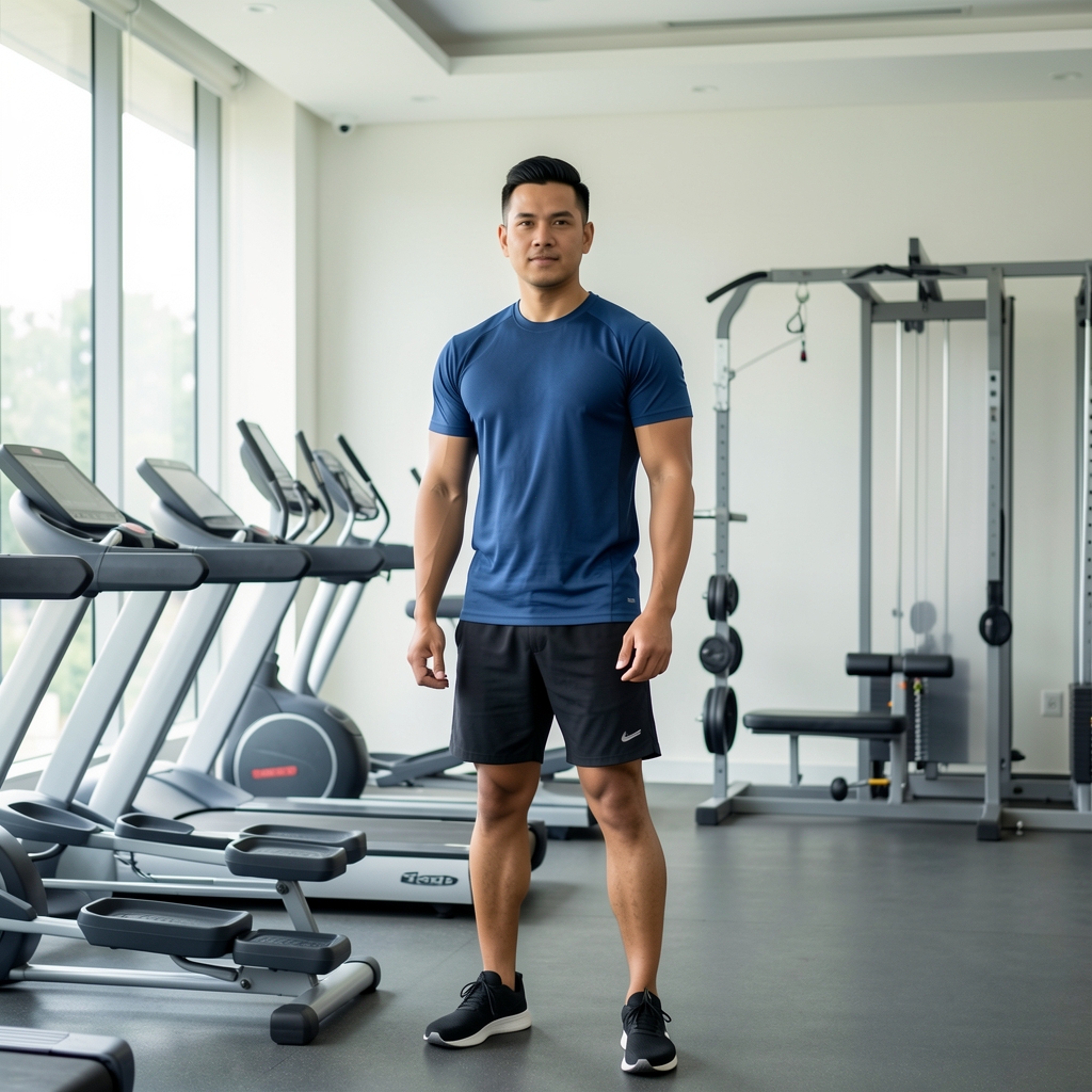 Man in athletic wear standing beside exercise equipment in a clean minimalist gym space in Jakarta, looking directly at camera