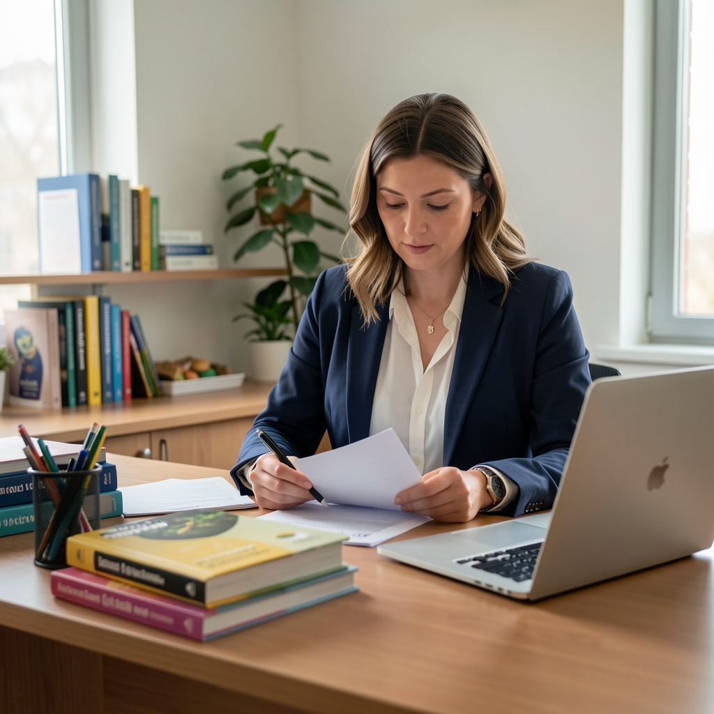 Woman in professional attire reviewing documents at a well-organised nutrition research desk with reference books and a laptop