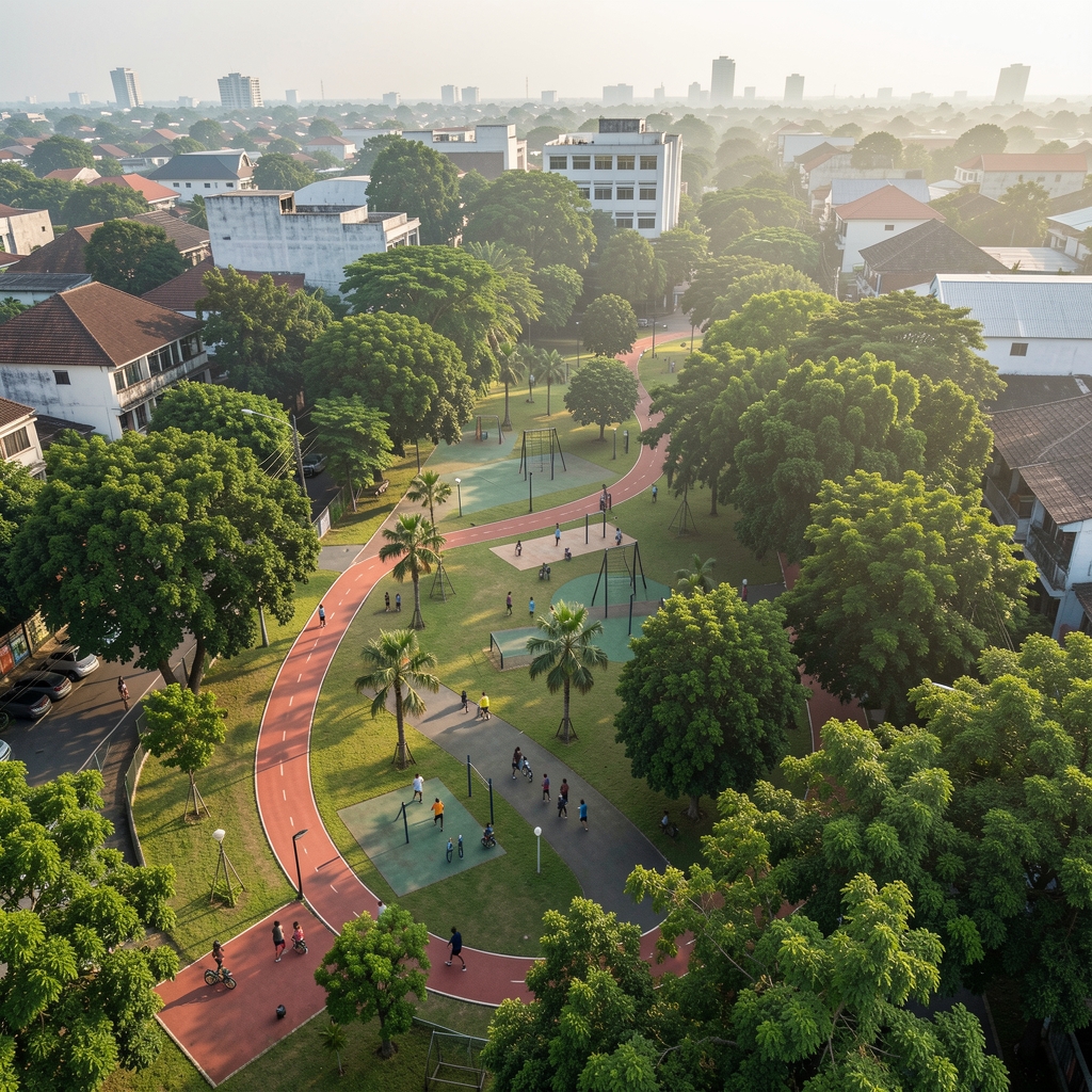 Aerial view of a Jakarta neighbourhood park with jogging paths visible, green canopy, and morning light, showing urban outdoor fitness environment