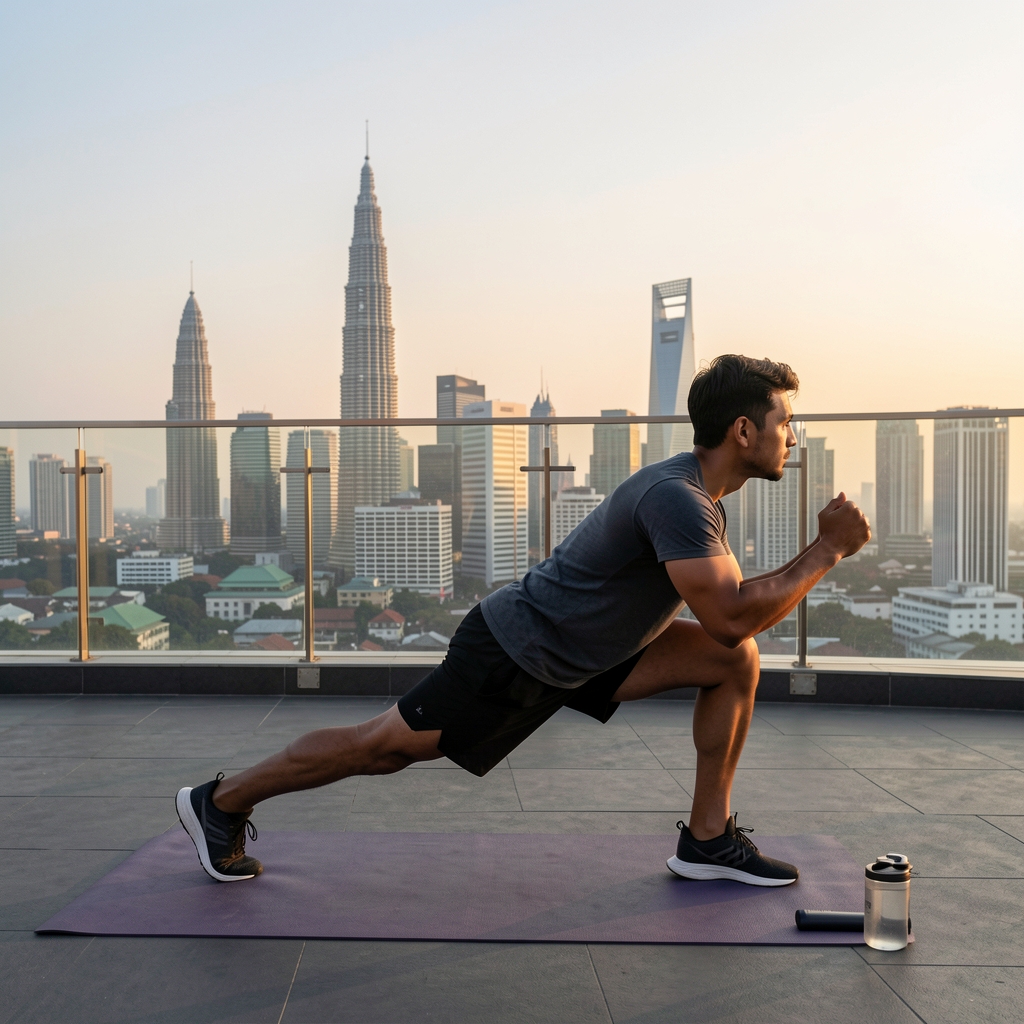 Man in athletic clothing performing a morning stretch routine on a rooftop terrace overlooking Jakarta skyline at sunrise