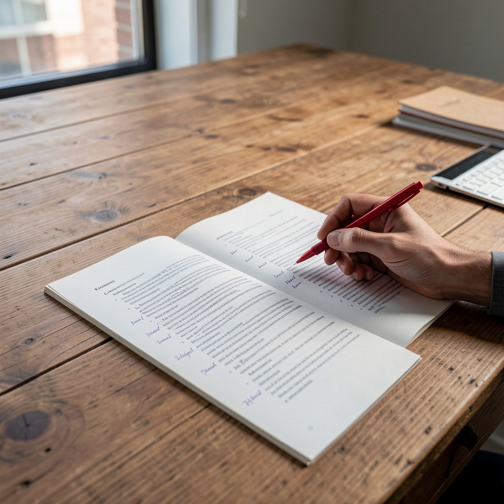 Editor reviewing printed manuscript pages on a wide wooden desk, red pen in hand, editorial notes visible in the margins under controlled lighting