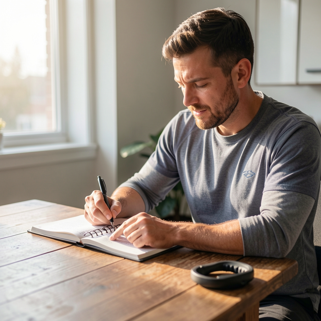 Man reviewing body measurement notes in a personal training journal, pen in hand, seated at a wooden desk with morning light