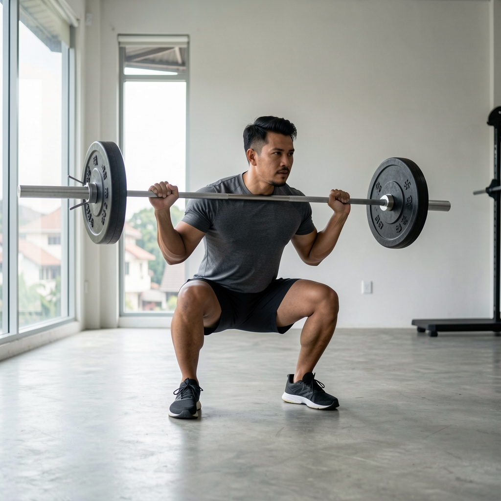 Man performing a barbell squat in a minimalist Jakarta gym, natural light from large windows, concrete floor, focus on form