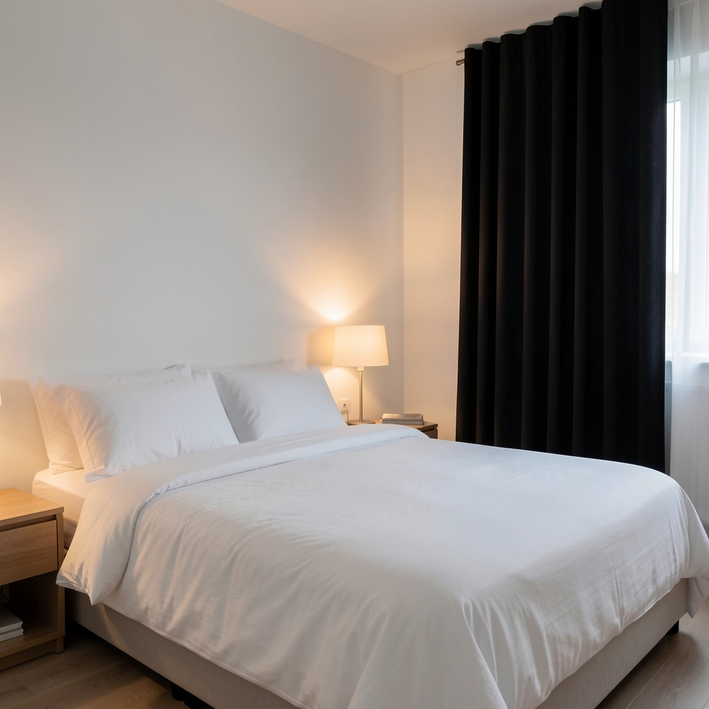 Minimalist bedroom interior with clean white linen, warm bedside lamp light, and blackout curtains partially drawn for a structured sleep environment